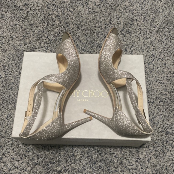 JIMMY CHOO Emily Glitter Crisscross 85mm Sandals, Gold - Picture 8 of 9